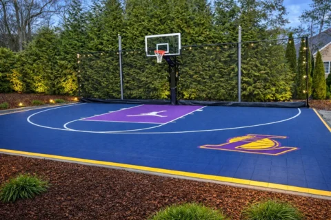 Backyard basketball court with FlexCourt modular tiles